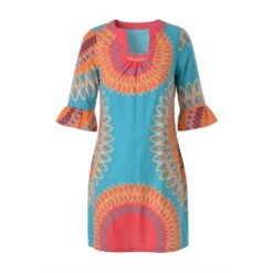 Mediterranean Medallion Print V-Neck Shift Dress with Ruffle Sleeves