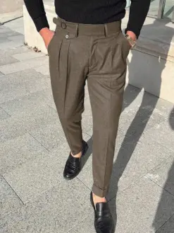Men's Mocha Brown Straight Leg Pleated Formal Dress Trousers